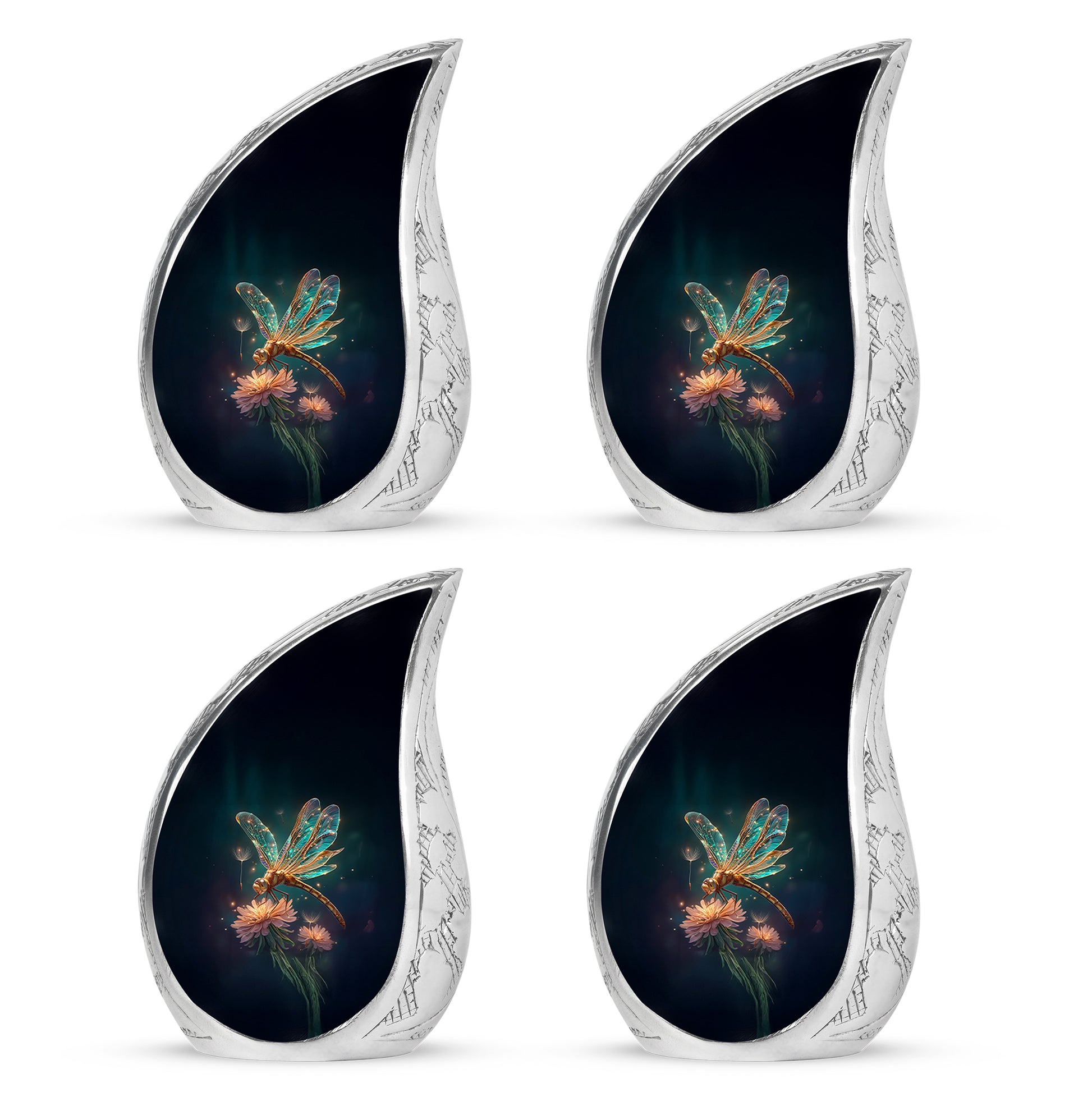Dusty Blue Dragonfly Cremation Urn close-up of engraving and surface detail - flowing teardrop dragonfly silhouette on curved aluminum - 10 inch aluminum urn for cremated remains
