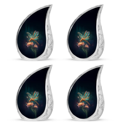 Dusty Blue Dragonfly Cremation Urn close-up of engraving and surface detail - flowing teardrop dragonfly silhouette on curved aluminum - 10 inch aluminum urn for cremated remains