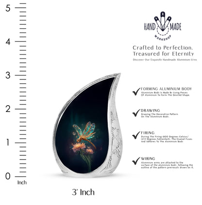 Royal Blue Dragonfly Cremation Urn angled view of lid and engraved motif - smooth teardrop contour featuring dragonfly art - mini keepsake memorial for portion of cremation ashes