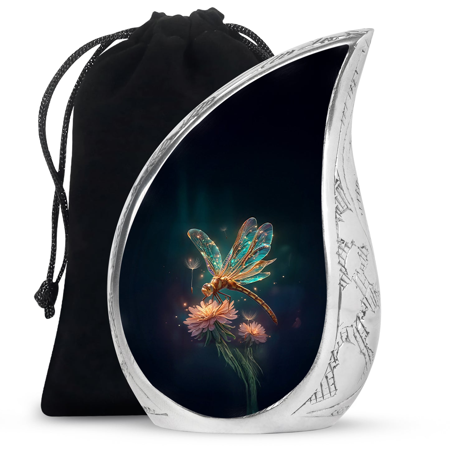 Navy Blue Dragonfly Cremation Urn front view showing detailed design - rounded teardrop dragonfly design with delicate detail - full-size 10 inch 200 cubic inch adult cremation urn