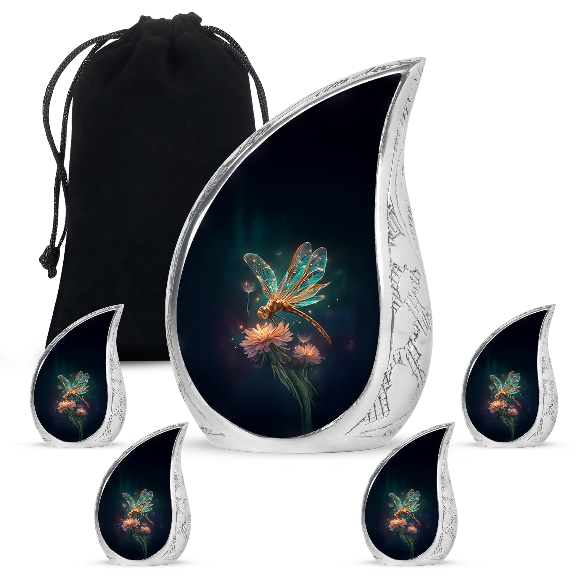 Dusty Blue Dragonfly Cremation Urn side profile showing urn shape - flowing teardrop dragonfly silhouette on curved aluminum - memorial set with one large and four small urns