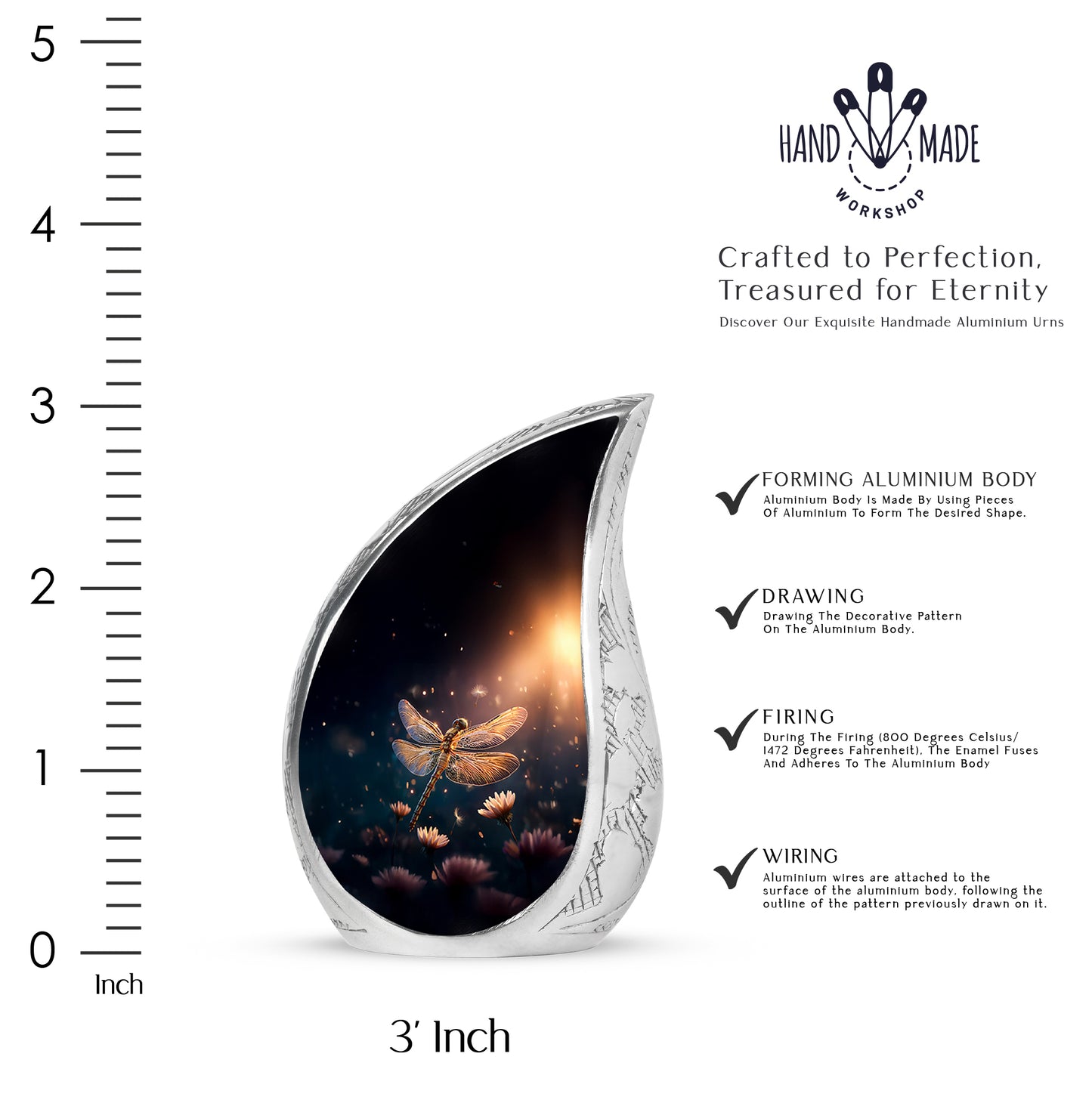 Celestial Blue Dragonfly Cremation Urn angled view of lid and engraved motif - flowing teardrop dragonfly silhouette on curved aluminum - mini keepsake memorial for portion of cremation ashes