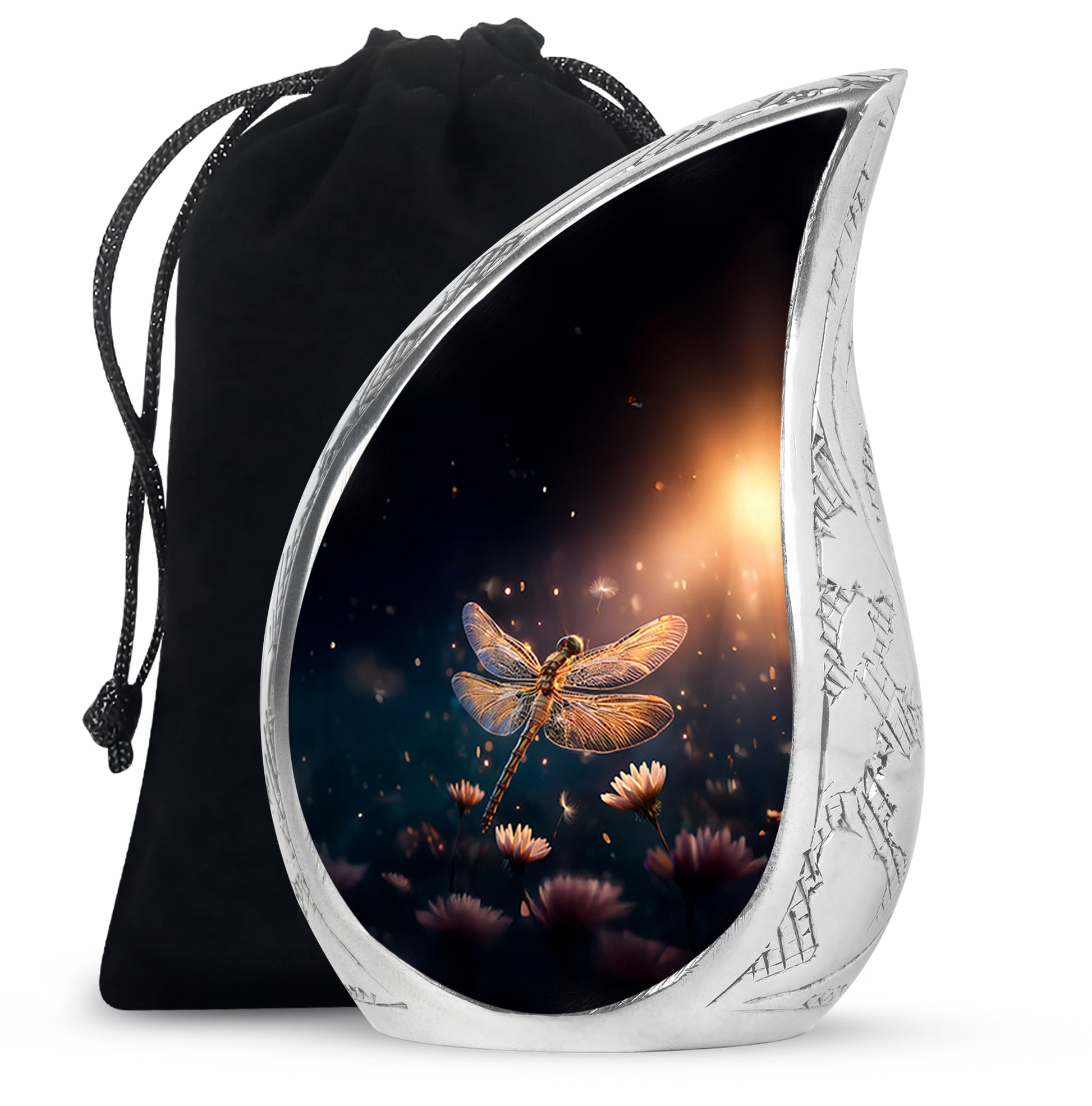 Dusty Blue Dragonfly Cremation Urn front view showing detailed design - flowing teardrop dragonfly silhouette on curved aluminum - full-size 10 inch 200 cubic inch adult cremation urn
