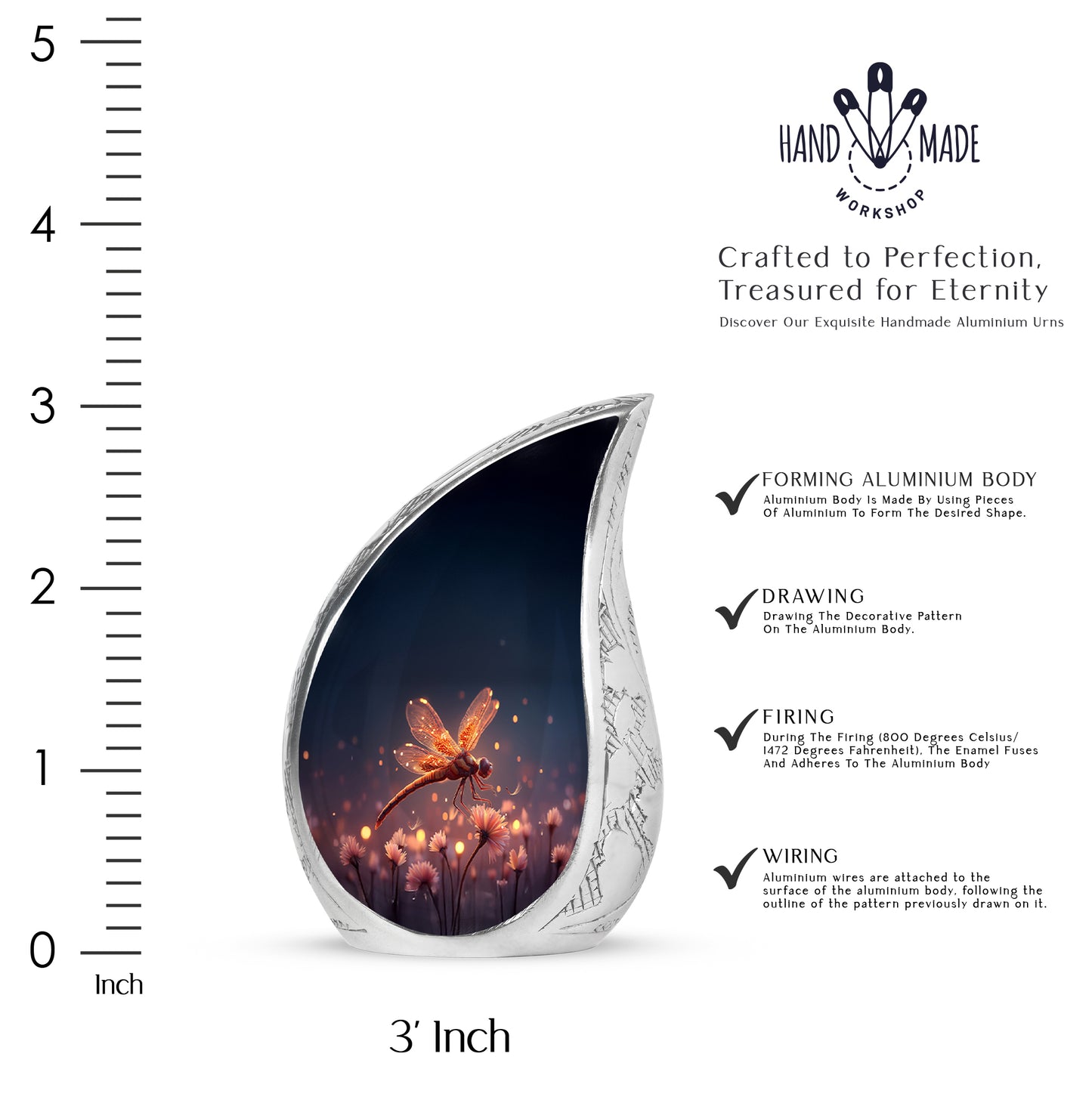 Soft Blue Dragonfly Cremation Urn angled view of lid and engraved motif - graceful tear-shaped urn with dragonfly motif - mini keepsake memorial for portion of cremation ashes