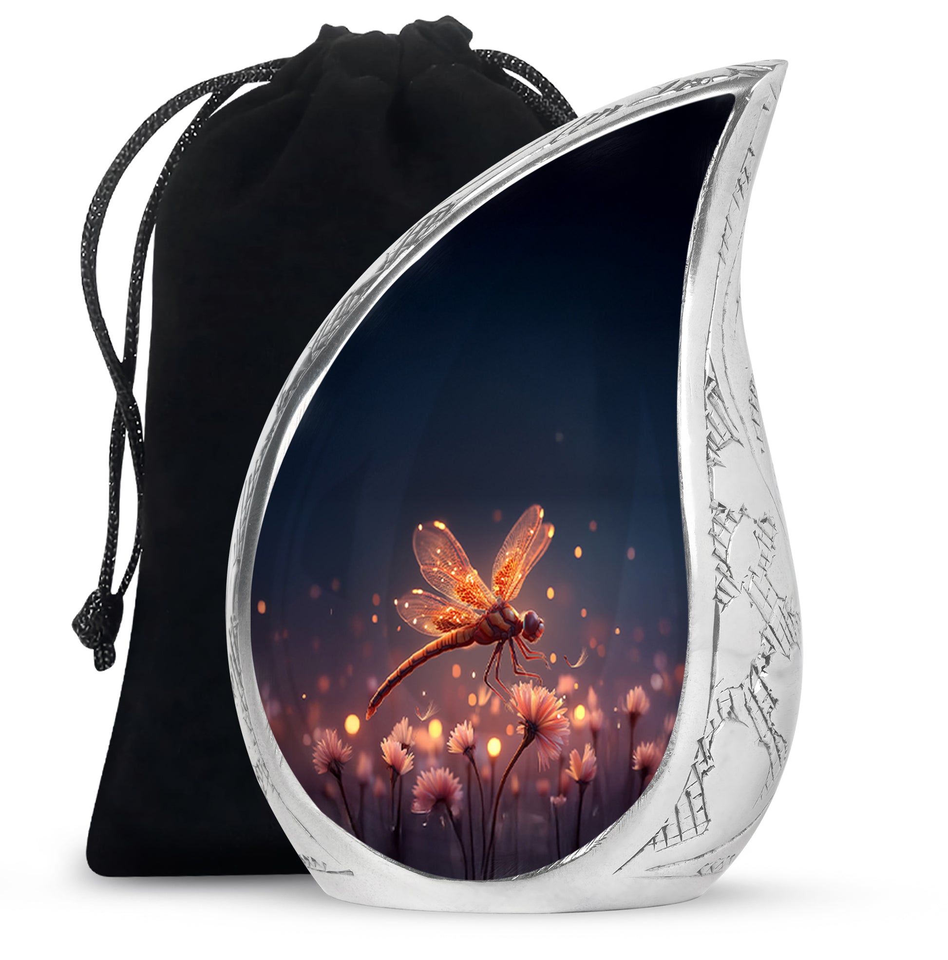 Cornflower Blue Dragonfly Cremation Urn front view showing detailed design - smooth teardrop contour featuring dragonfly art - full-size 10 inch 200 cubic inch adult cremation urn
