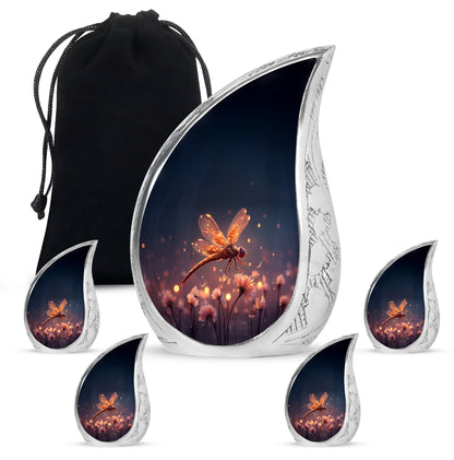 Sky Blue Dragonfly Cremation Urn side profile showing urn shape - flowing teardrop dragonfly silhouette on curved aluminum - memorial set with one large and four small urns