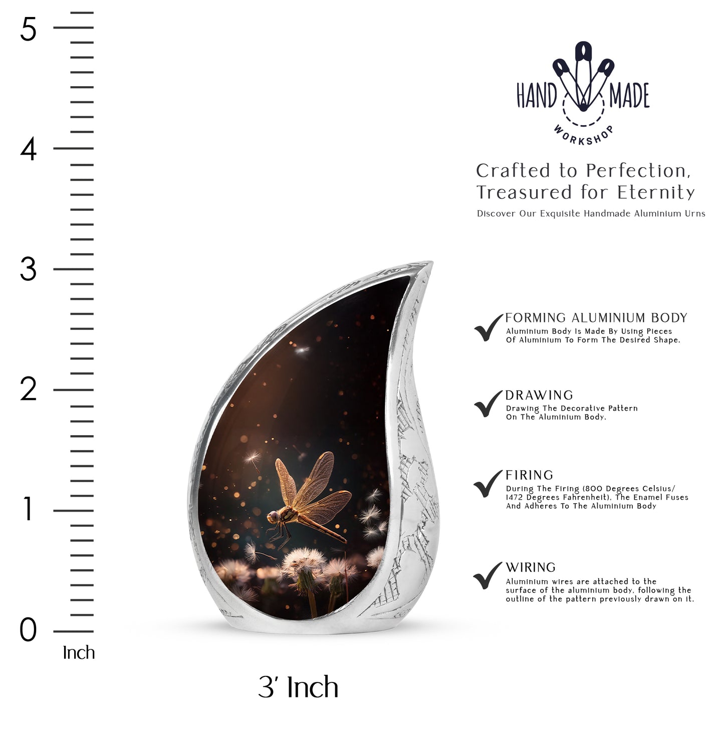 Rich Black Dragonfly Cremation Urn angled view of lid and engraved motif - rounded teardrop dragonfly design with delicate detail - mini keepsake memorial for portion of cremation ashes