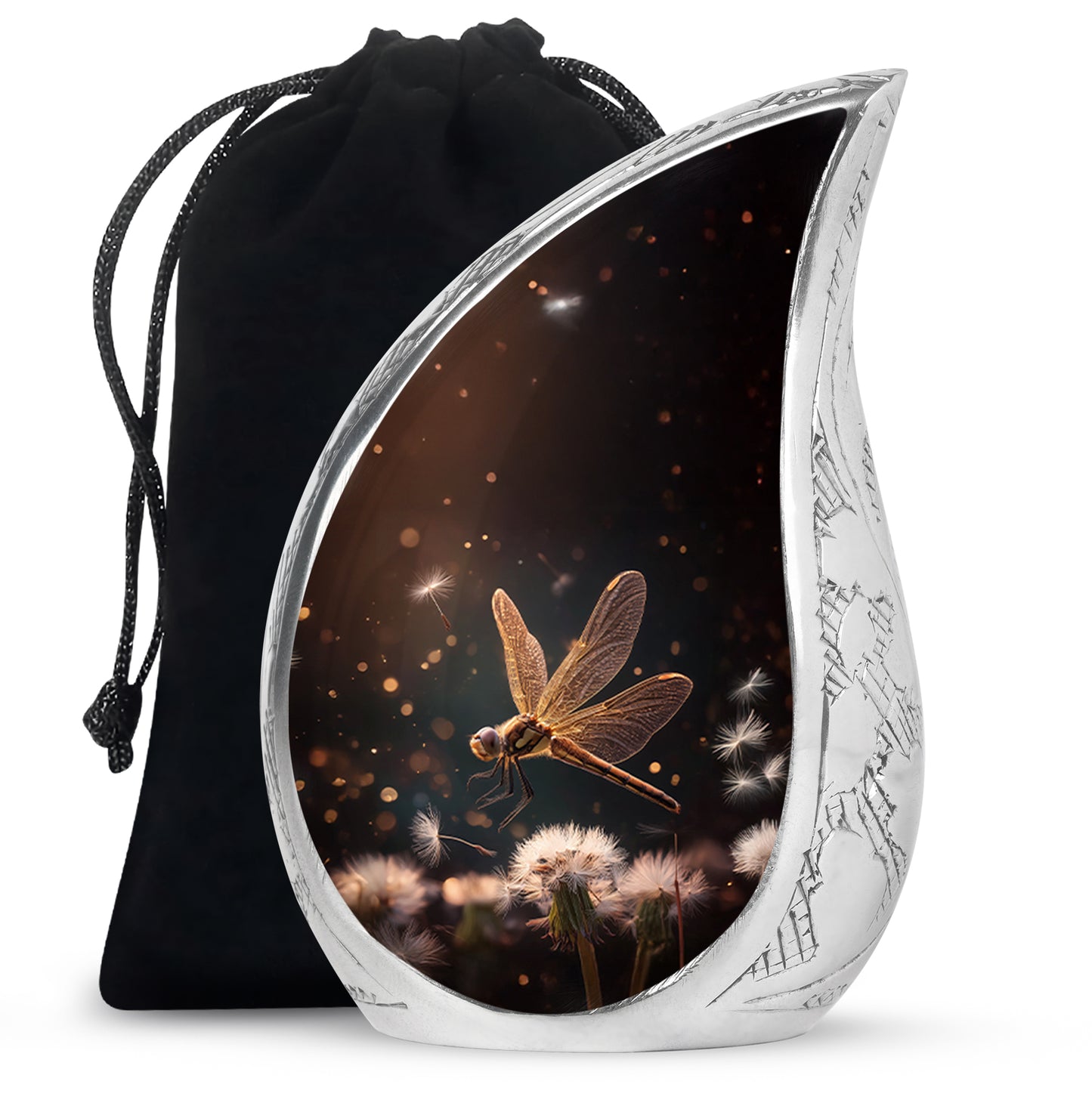 Charcoal Black Dragonfly Cremation Urn front view showing detailed design - smooth teardrop contour featuring dragonfly art - full-size 10 inch 200 cubic inch adult cremation urn