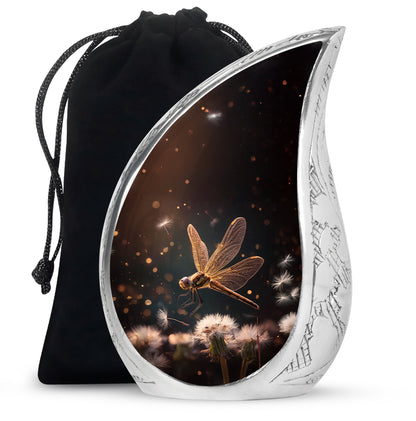 Charcoal Black Dragonfly Cremation Urn front view showing detailed design - smooth teardrop contour featuring dragonfly art - full-size 10 inch 200 cubic inch adult cremation urn