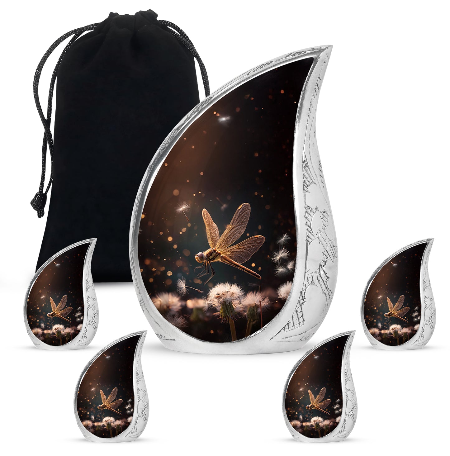 Ebony Dragonfly Cremation Urn side profile showing urn shape - flowing teardrop dragonfly silhouette on curved aluminum - memorial set with one large and four small urns