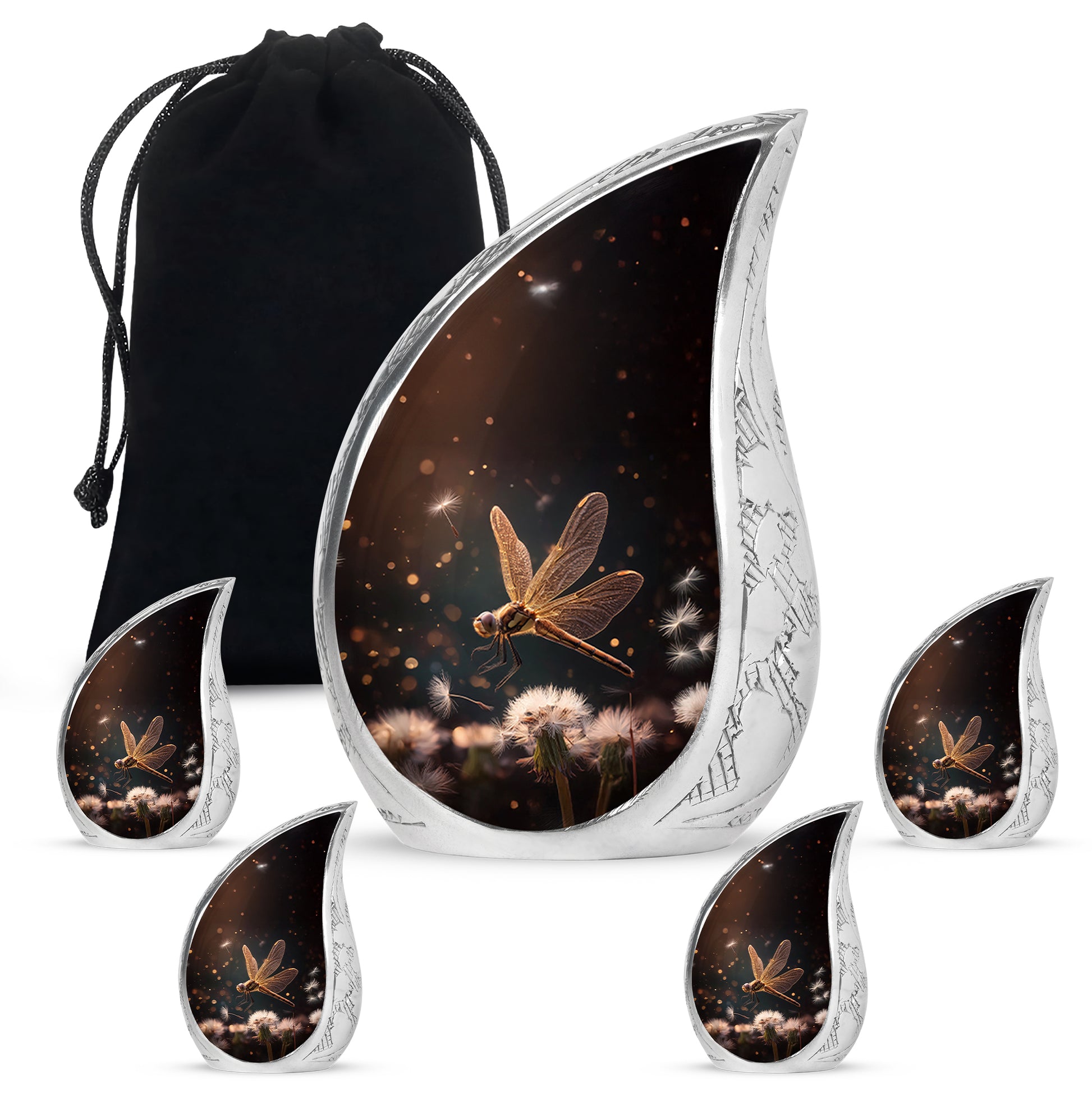 Ebony Dragonfly Cremation Urn side profile showing urn shape - flowing teardrop dragonfly silhouette on curved aluminum - memorial set with one large and four small urns