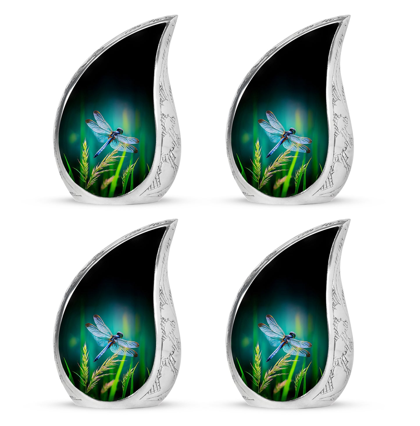 Tropical Teal Dragonfly Cremation Urn close-up of engraving and surface detail - graceful tear-shaped urn with dragonfly motif - 10 inch aluminum urn for cremated remains