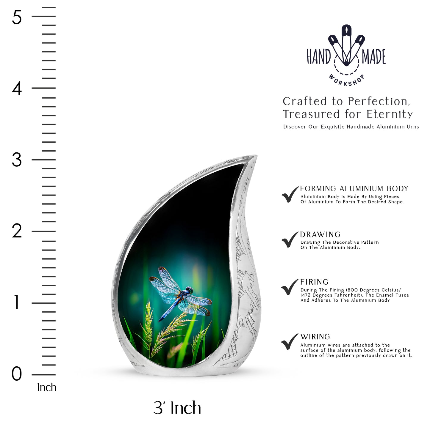 Deep Teal Dragonfly Cremation Urn angled view of lid and engraved motif - graceful tear-shaped urn with dragonfly motif - mini keepsake memorial for portion of cremation ashes