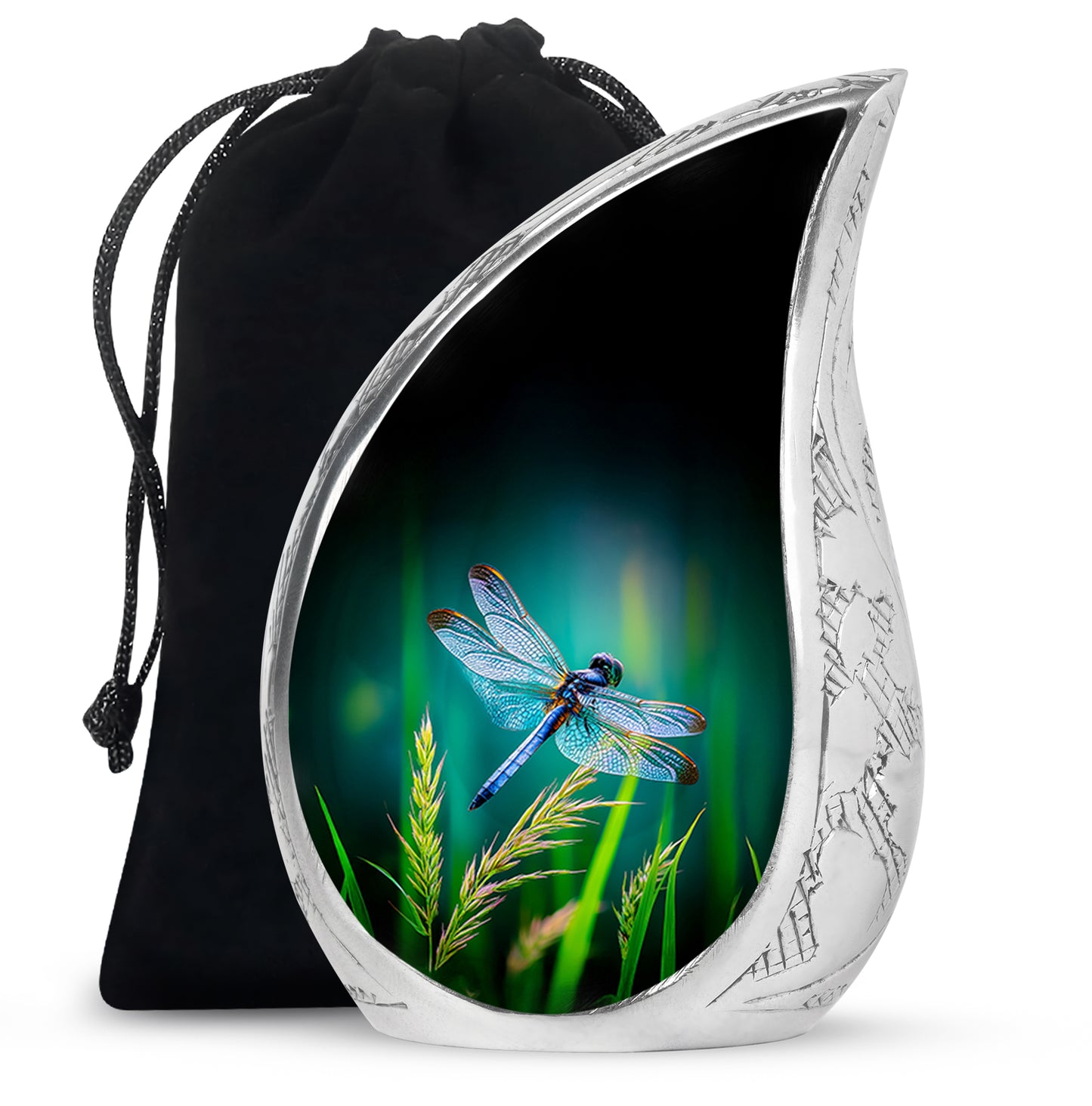 Cool Teal Dragonfly Cremation Urn front view showing detailed design - rounded teardrop dragonfly design with delicate detail - full-size 10 inch 200 cubic inch adult cremation urn