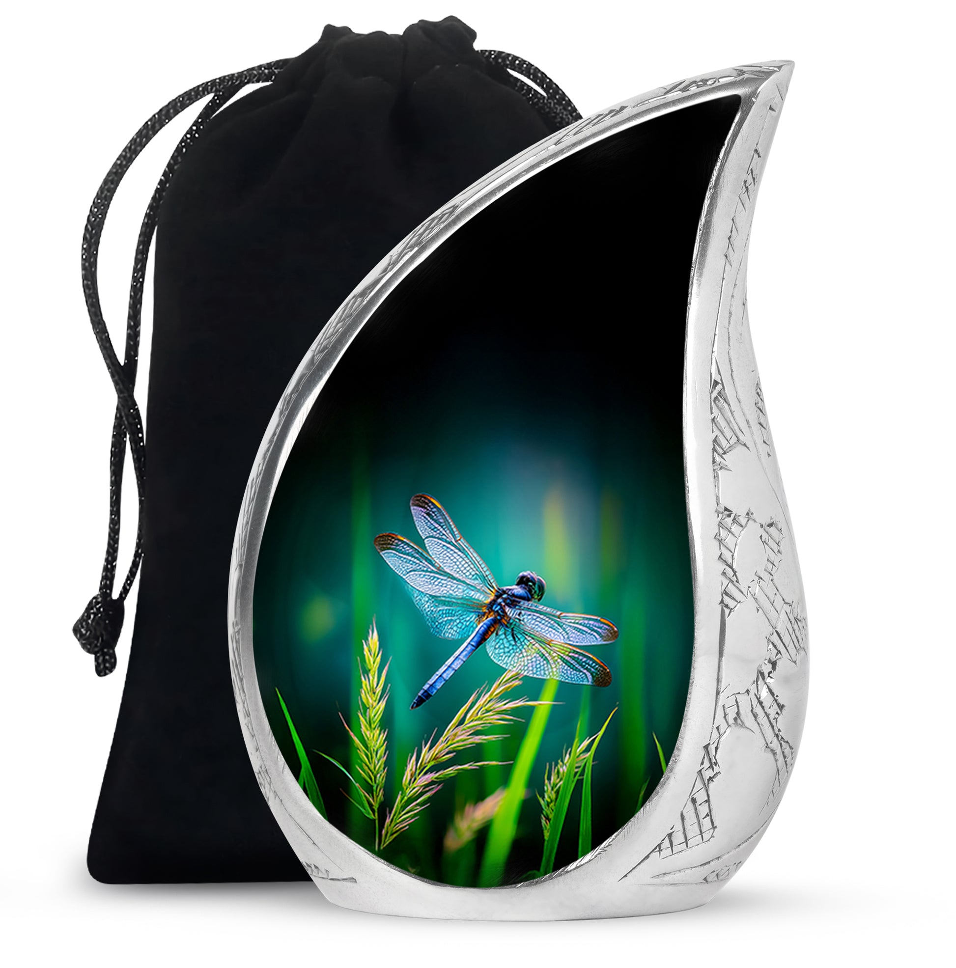 Cool Teal Dragonfly Cremation Urn front view showing detailed design - rounded teardrop dragonfly design with delicate detail - full-size 10 inch 200 cubic inch adult cremation urn