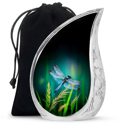 Cool Teal Dragonfly Cremation Urn front view showing detailed design - rounded teardrop dragonfly design with delicate detail - full-size 10 inch 200 cubic inch adult cremation urn