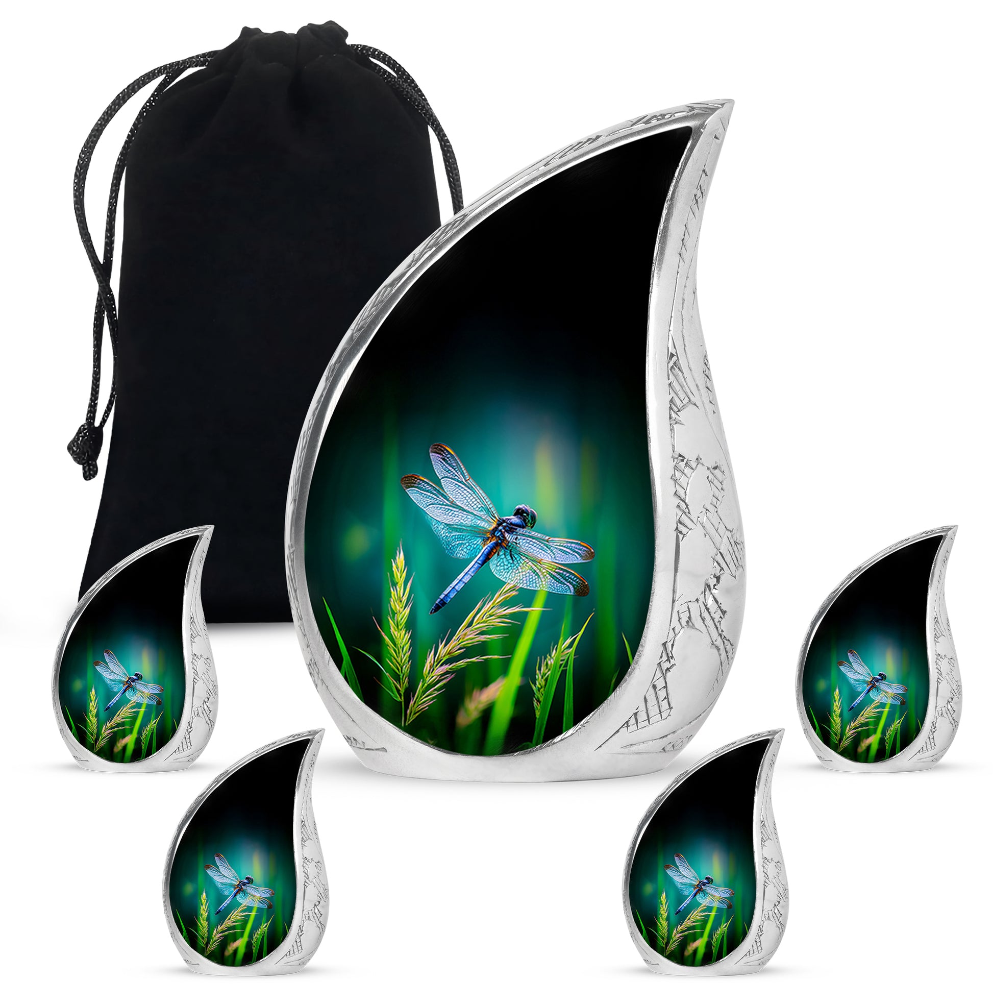 Ocean Teal Dragonfly Cremation Urn side profile showing urn shape - rounded teardrop dragonfly design with delicate detail - memorial set with one large and four small urns