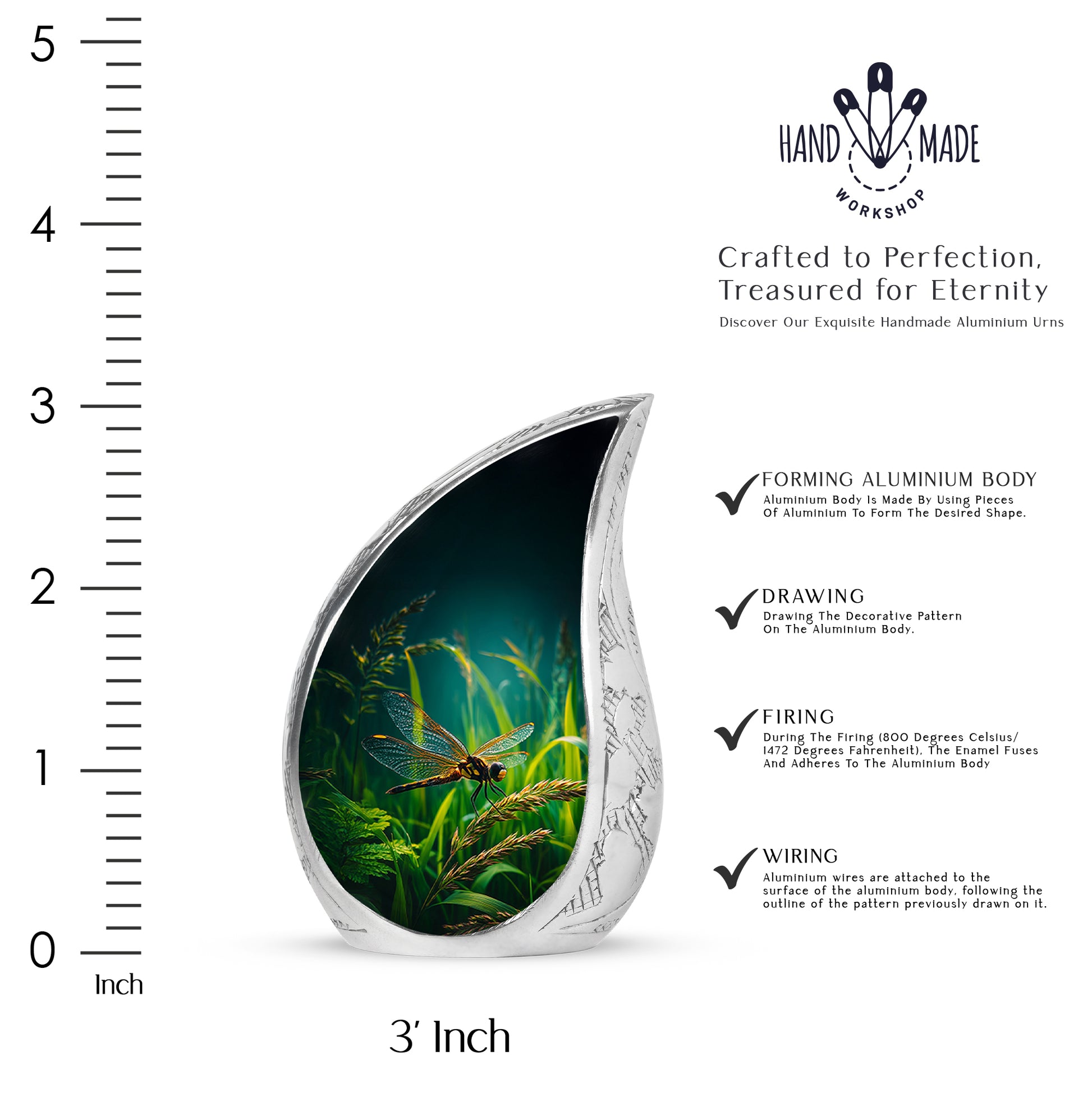Ebony Dragonfly Cremation Urn angled view of lid and engraved motif - flowing teardrop dragonfly silhouette on curved aluminum - mini keepsake memorial for portion of cremation ashes