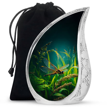 Glossy Black Dragonfly Cremation Urn front view showing detailed design - flowing teardrop dragonfly silhouette on curved aluminum - full-size 10 inch 200 cubic inch adult cremation urn