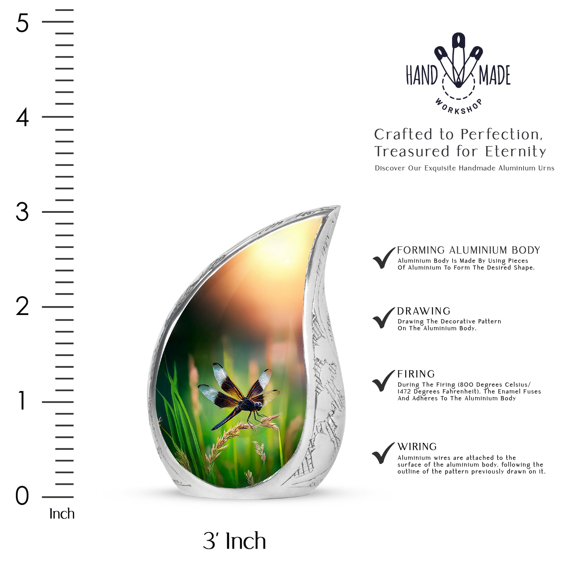 Jewel Teal Dragonfly Cremation Urn angled view of lid and engraved motif - rounded teardrop dragonfly design with delicate detail - mini keepsake memorial for portion of cremation ashes