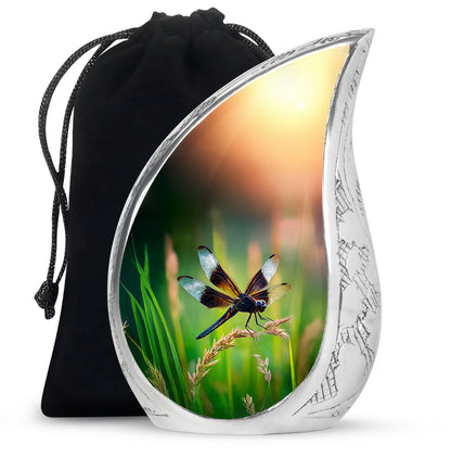 Deep Teal Dragonfly Cremation Urn front view showing detailed design - smooth teardrop contour featuring dragonfly art - full-size 10 inch 200 cubic inch adult cremation urn