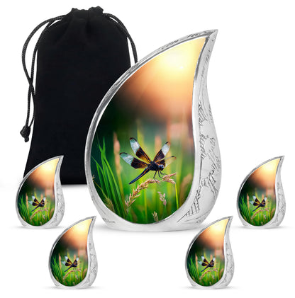 Jewel Teal Dragonfly Cremation Urn side profile showing urn shape - flowing teardrop dragonfly silhouette on curved aluminum - memorial set with one large and four small urns