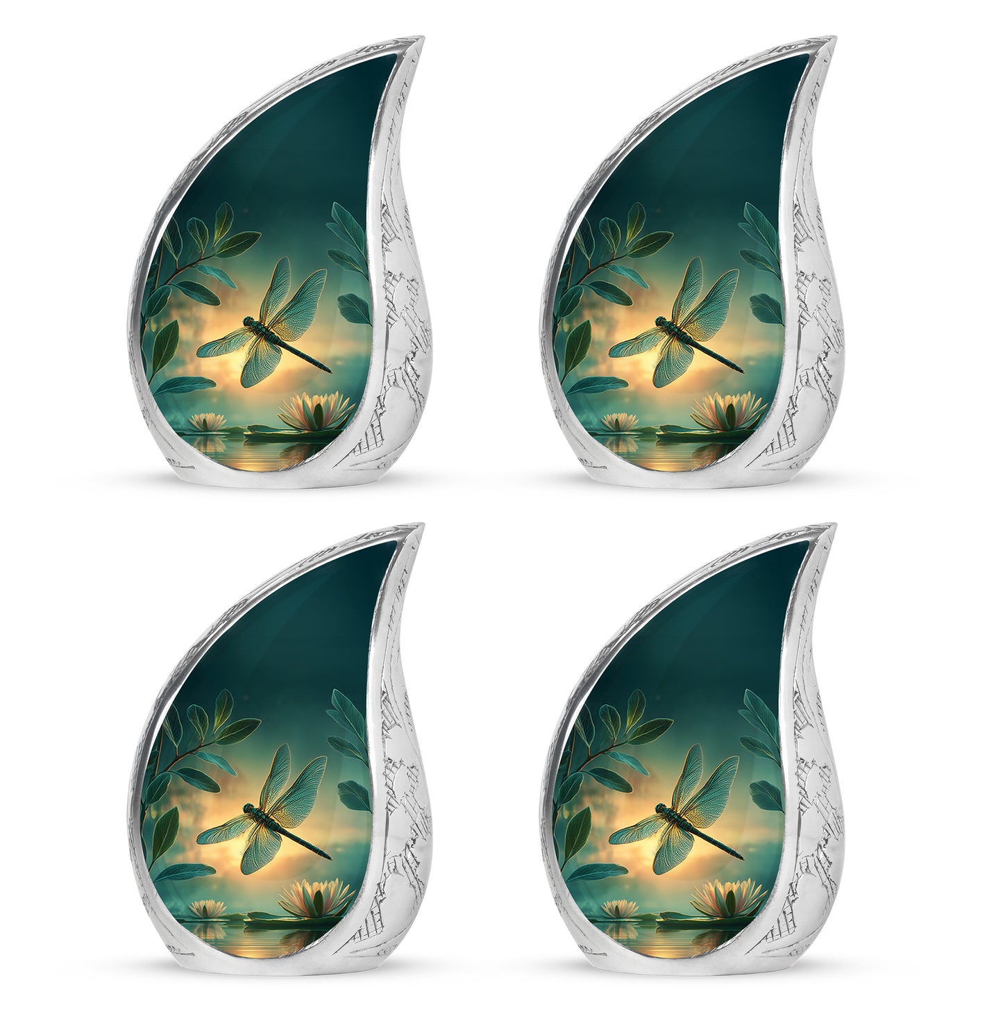 Sea Green Teal Dragonfly Cremation Urn close-up of engraving and surface detail - rounded teardrop dragonfly design with delicate detail - 10 inch aluminum urn for cremated remains