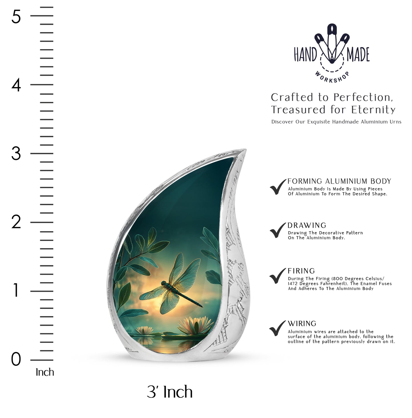 Jewel Teal Dragonfly Cremation Urn angled view of lid and engraved motif - flowing teardrop dragonfly silhouette on curved aluminum - mini keepsake memorial for portion of cremation ashes