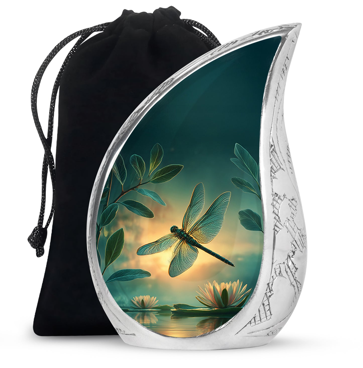 Vivid Teal Dragonfly Cremation Urn front view showing detailed design - graceful tear-shaped urn with dragonfly motif - full-size 10 inch 200 cubic inch adult cremation urn