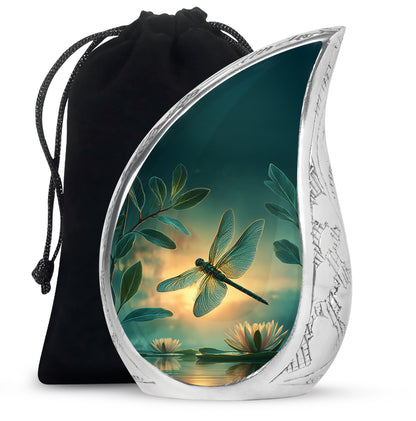 Vivid Teal Dragonfly Cremation Urn front view showing detailed design - graceful tear-shaped urn with dragonfly motif - full-size 10 inch 200 cubic inch adult cremation urn
