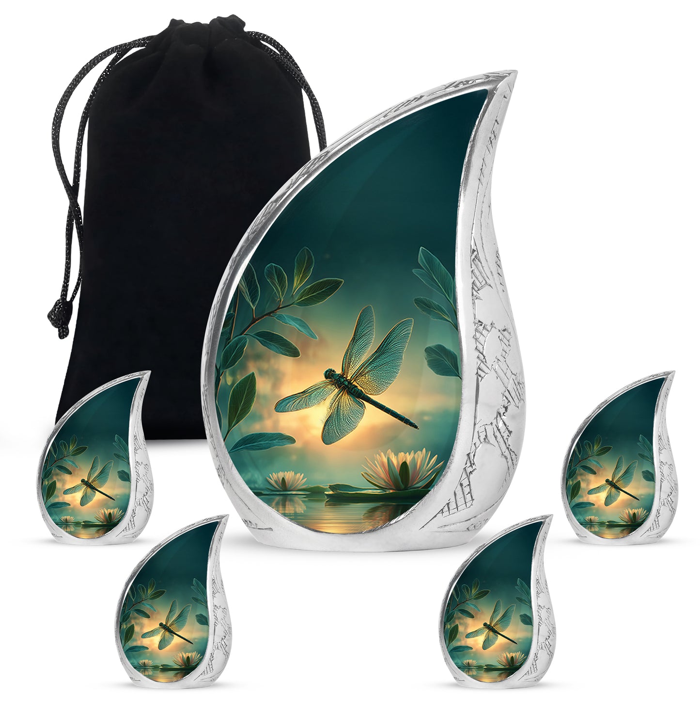 Cool Teal Dragonfly Cremation Urn side profile showing urn shape - flowing teardrop dragonfly silhouette on curved aluminum - memorial set with one large and four small urns