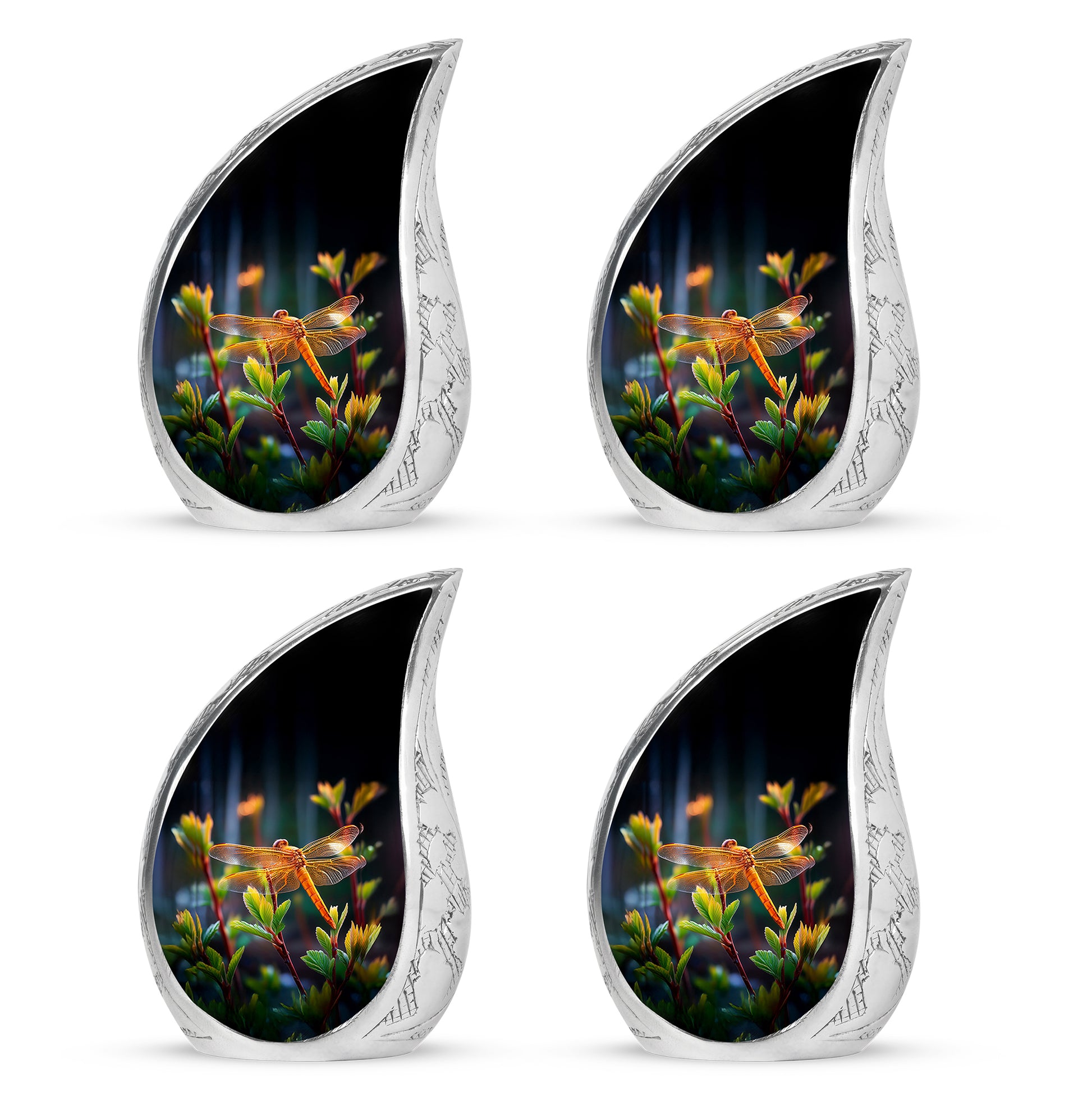 Deep Black Dragonfly Cremation Urn close-up of engraving and surface detail - rounded teardrop dragonfly design with delicate detail - 10 inch aluminum urn for cremated remains