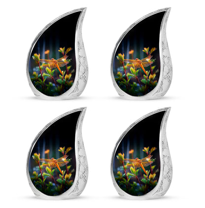 Deep Black Dragonfly Cremation Urn close-up of engraving and surface detail - rounded teardrop dragonfly design with delicate detail - 10 inch aluminum urn for cremated remains
