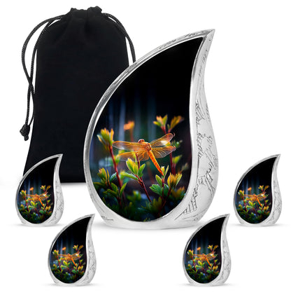 Glossy Black Dragonfly Cremation Urn side profile showing urn shape - flowing teardrop dragonfly silhouette on curved aluminum - memorial set with one large and four small urns