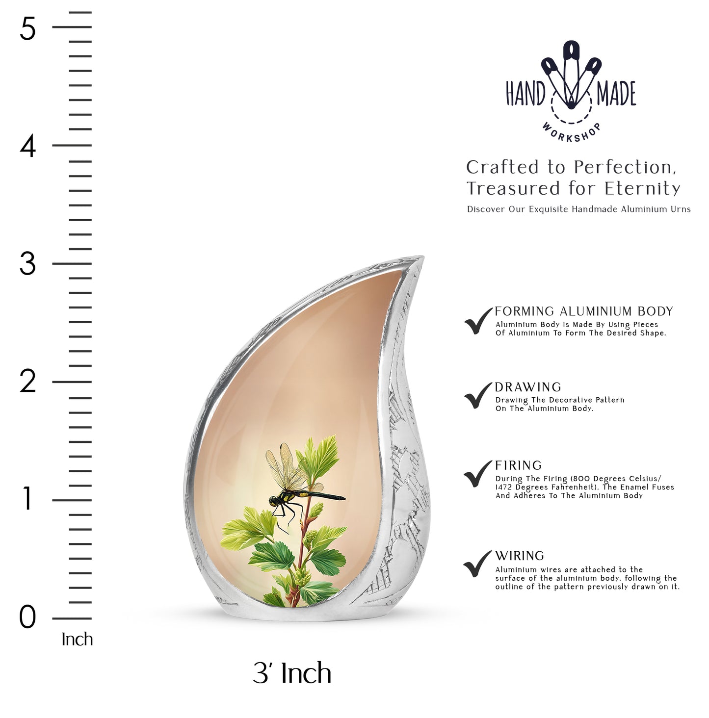 Antique Gold Dragonfly Cremation Urn angled view of lid and engraved motif - flowing teardrop dragonfly silhouette on curved aluminum - mini keepsake memorial for portion of cremation ashes