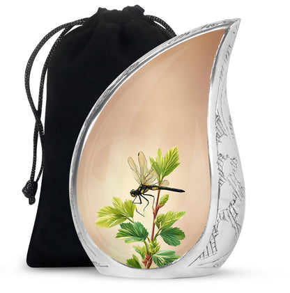 Champagne Gold Dragonfly Cremation Urn front view showing detailed design - flowing teardrop dragonfly silhouette on curved aluminum - full-size 10 inch 200 cubic inch adult cremation urn