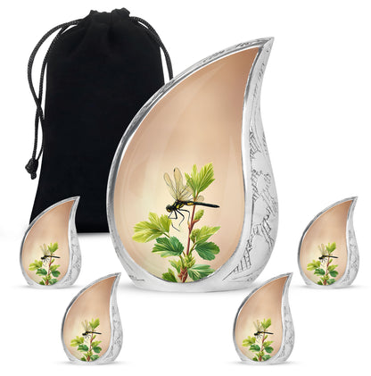 Gilded Gold Dragonfly Cremation Urn side profile showing urn shape - rounded teardrop dragonfly design with delicate detail - memorial set with one large and four small urns