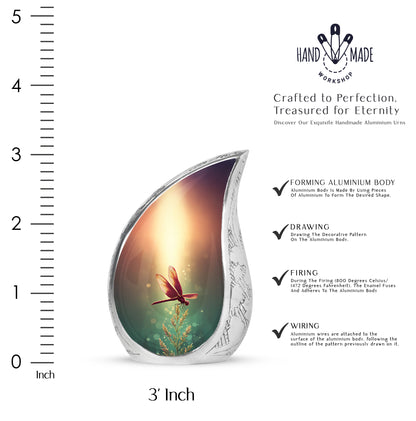 Amber Gold Dragonfly Cremation Urn angled view of lid and engraved motif - flowing teardrop dragonfly silhouette on curved aluminum - mini keepsake memorial for portion of cremation ashes