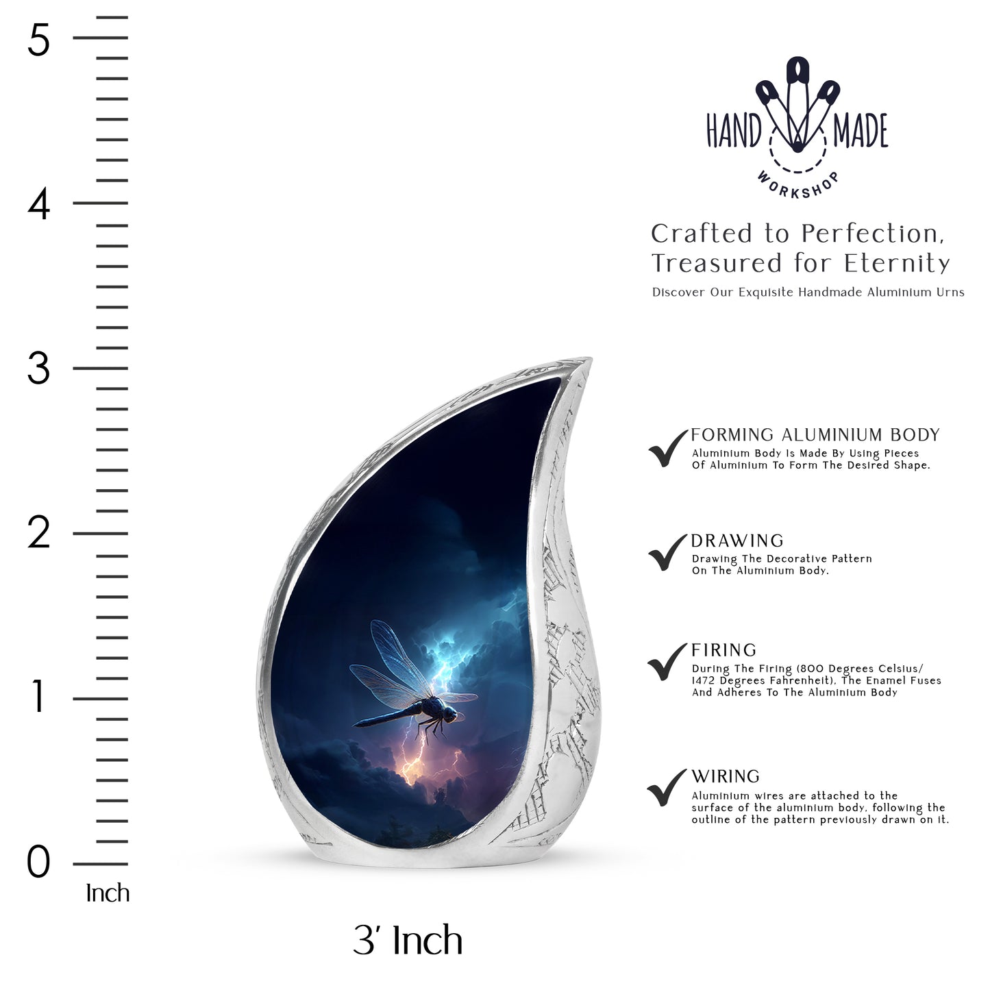 Powder Blue Dragonfly Cremation Urn angled view of lid and engraved motif - flowing teardrop dragonfly silhouette on curved aluminum - mini keepsake memorial for portion of cremation ashes