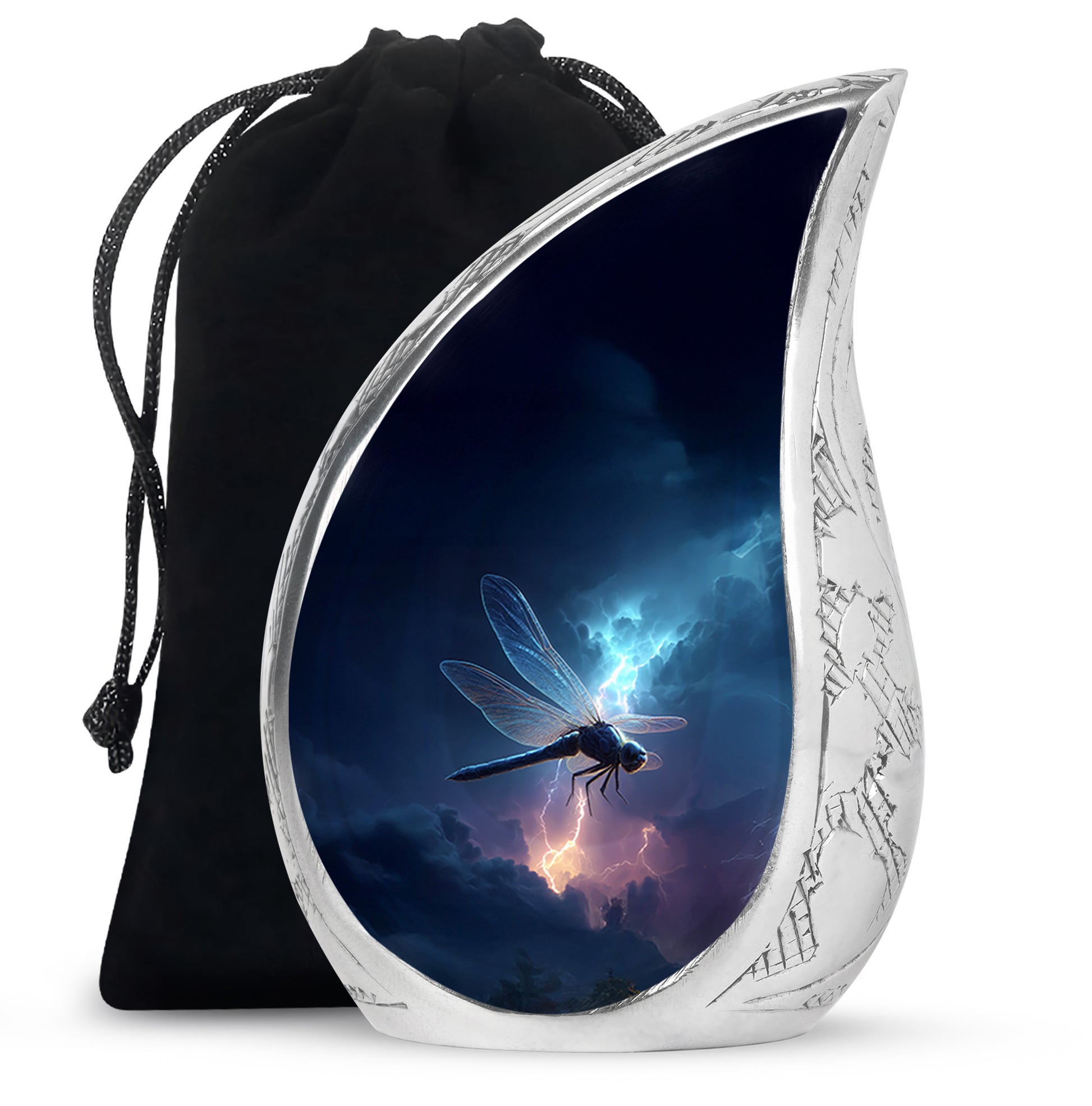 Cornflower Blue Dragonfly Cremation Urn front view showing detailed design - smooth teardrop contour featuring dragonfly art - full-size 10 inch 200 cubic inch adult cremation urn