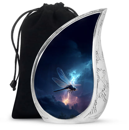 Cornflower Blue Dragonfly Cremation Urn front view showing detailed design - smooth teardrop contour featuring dragonfly art - full-size 10 inch 200 cubic inch adult cremation urn