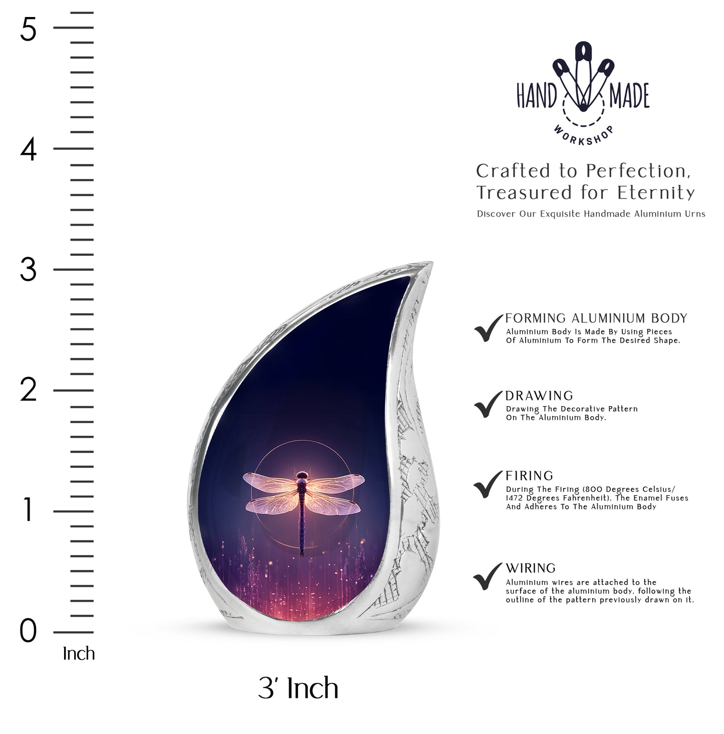 Bright Blue Dragonfly Cremation Urn angled view of lid and engraved motif - smooth teardrop contour featuring dragonfly art - mini keepsake memorial for portion of cremation ashes