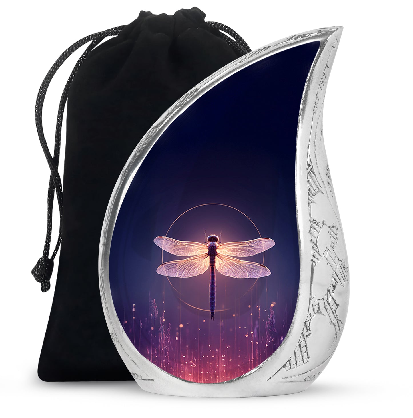 Pastel Blue Dragonfly Cremation Urn front view showing detailed design - rounded teardrop dragonfly design with delicate detail - full-size 10 inch 200 cubic inch adult cremation urn