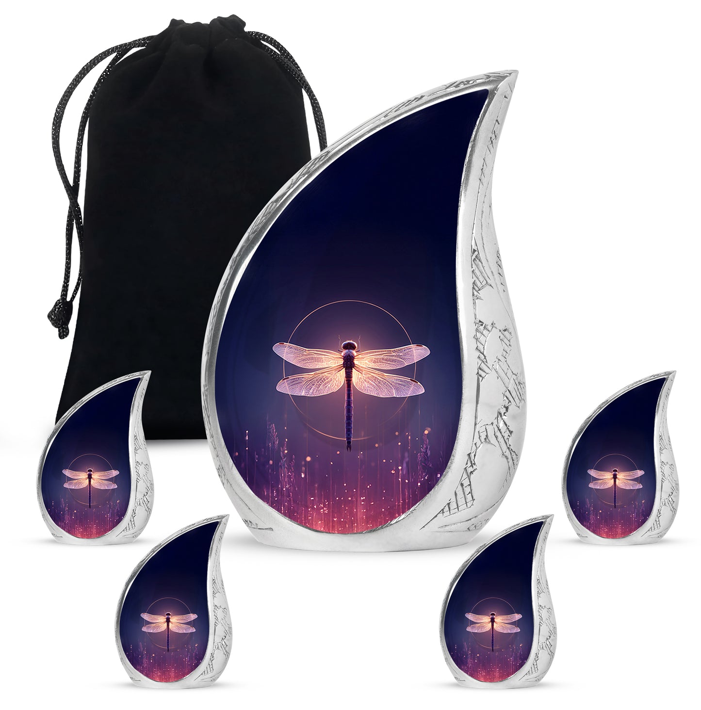 Sapphire Blue Dragonfly Cremation Urn side profile showing urn shape - graceful tear-shaped urn with dragonfly motif - memorial set with one large and four small urns