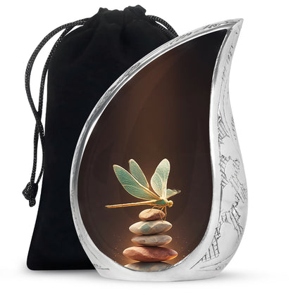 Fiery Red Dragonfly Cremation Urn front view showing detailed design - smooth teardrop contour featuring dragonfly art - full-size 10 inch 200 cubic inch adult cremation urn