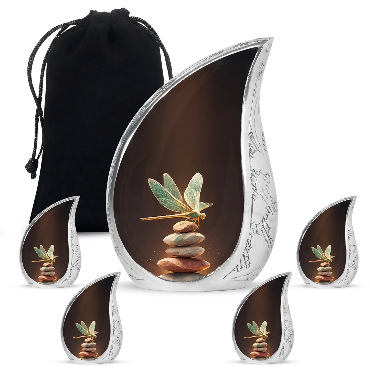 Garnet Red Dragonfly Cremation Urn side profile showing urn shape - rounded teardrop dragonfly design with delicate detail - memorial set with one large and four small urns