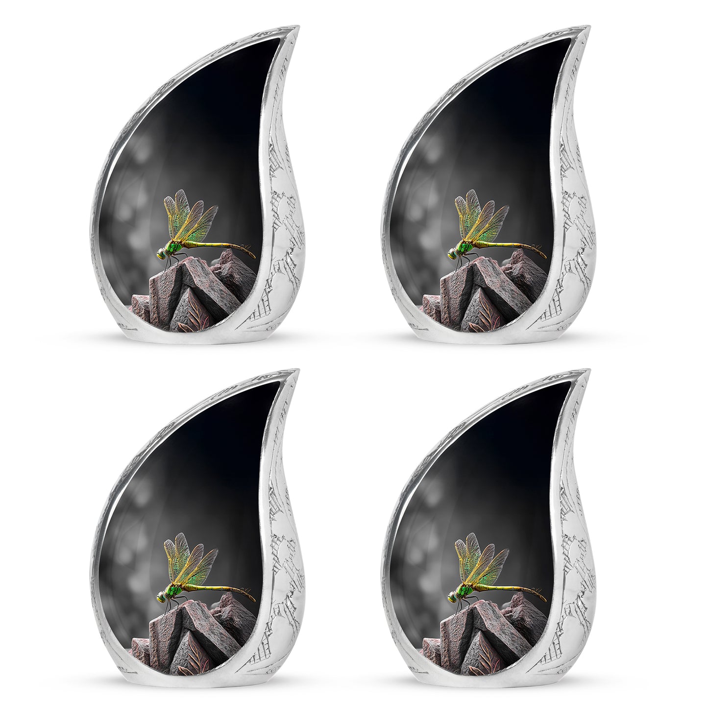 Midnight Black Dragonfly Cremation Urn close-up of engraving and surface detail - graceful tear-shaped urn with dragonfly motif - 10 inch aluminum urn for cremated remains