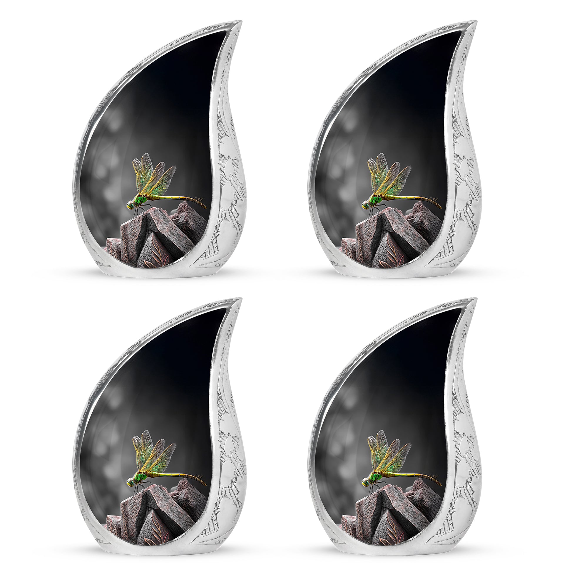 Midnight Black Dragonfly Cremation Urn close-up of engraving and surface detail - graceful tear-shaped urn with dragonfly motif - 10 inch aluminum urn for cremated remains