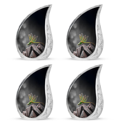 Midnight Black Dragonfly Cremation Urn close-up of engraving and surface detail - graceful tear-shaped urn with dragonfly motif - 10 inch aluminum urn for cremated remains