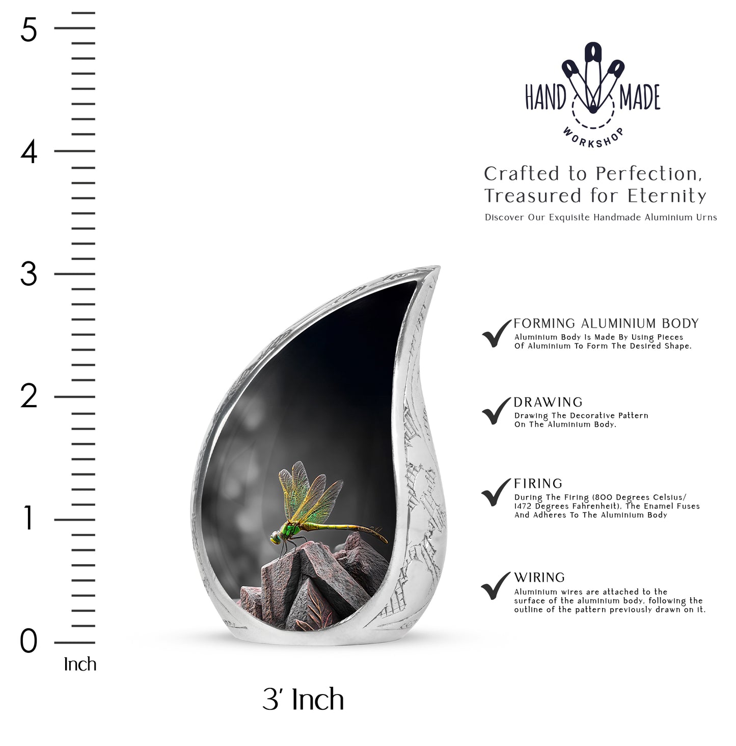 Obsidian Black Dragonfly Cremation Urn angled view of lid and engraved motif - graceful tear-shaped urn with dragonfly motif - mini keepsake memorial for portion of cremation ashes